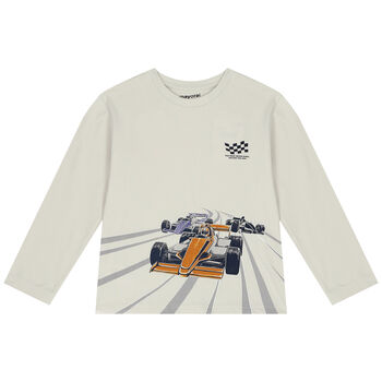Boys White Race Car Long Sleeve Top